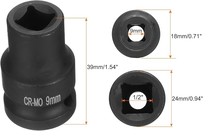 HARFINGTON 4 Point Square Socket 1/2" Drive 9mm Metric Square Impact Socket CR-MO Blackening Standard Wheel Sockets Pneumatic Socket Tool for Auto Repair Mechanical Maintenance Home Use