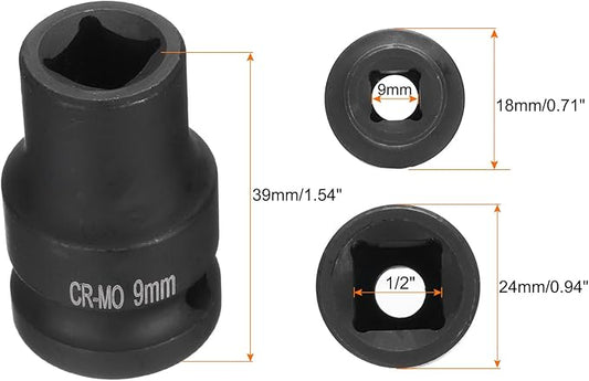 HARFINGTON 4 Point Square Socket 1/2" Drive 9mm Metric Square Impact Socket CR-MO Blackening Standard Wheel Sockets Pneumatic Socket Tool for Auto Repair Mechanical Maintenance Home Use