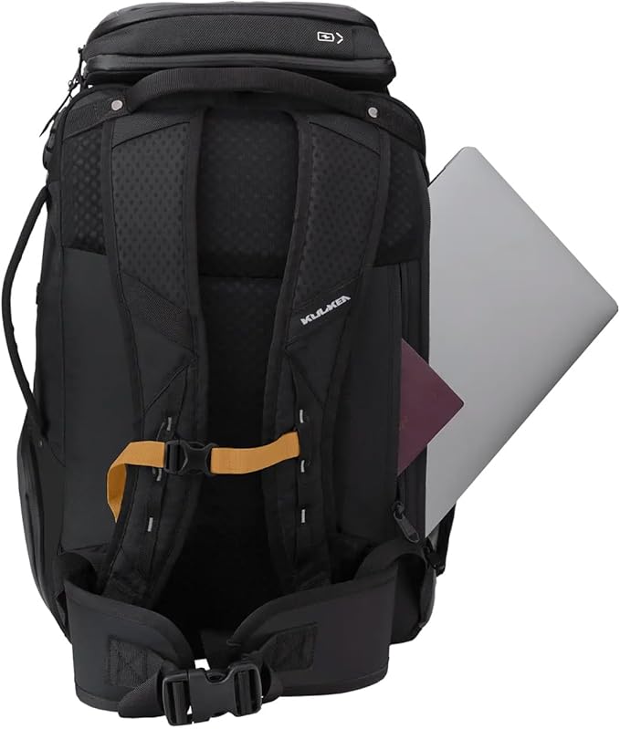 Käydä 44L Travel Backpack - Spacious Carry On Backpack with Detachable Travel Pouch, Magnetic Water Bottle Pocket, Passport and Laptop Pocket - Convertible Boot Bag for Snow Sports (Black/Gold)