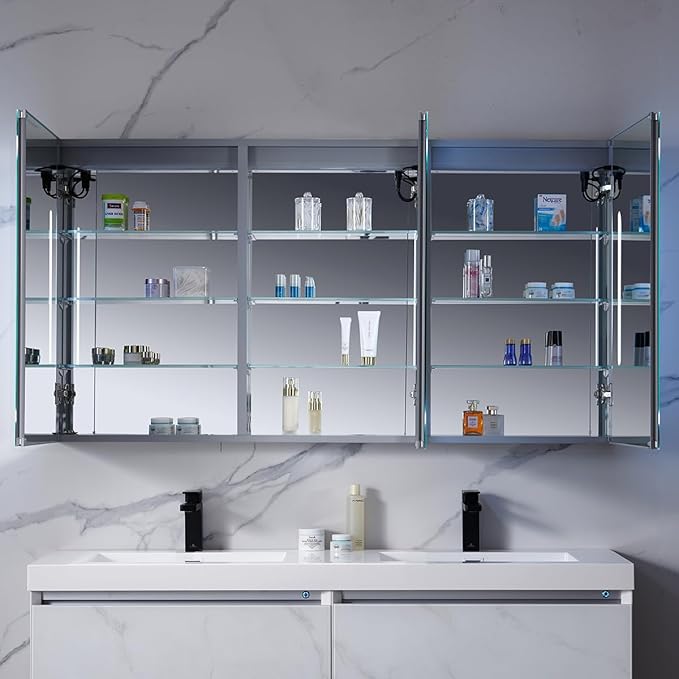Blossom 60-Inch LED Lighted Mirror Medicine Cabinet - Recessed or Surface Mount Bathroom Cabinet - One Touch Built-in Defogger - Dimmer - Makeup Mirror - 3 Adjustable Glass Shelves