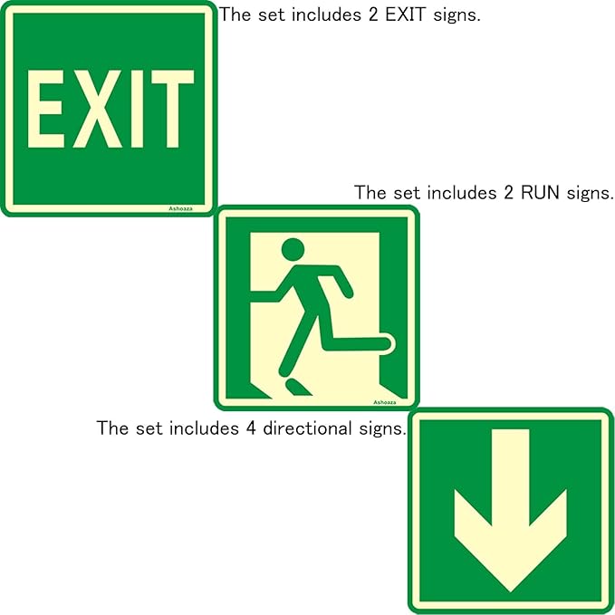 Emergency Exit Sign Glow in the Dark Decals, Running Man Sign With Directional Arrow Light Stickers, 15x15 cm, 8 Pcs Green
