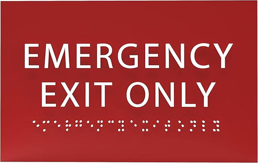 6" X4" Emergency Exit Only Sign - ADA Compliant Tactile Graphics Grade 2 Braille Text Prohibition Sign | Wall Mount Plastic Emergency Safety Restriction Sign for Business & Office