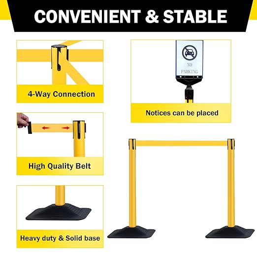 10 ft Crowd Control Stanchion Set, Crowd Control Barrier, Stanchions with Retractable Belts & Water Filled Base, Retractable Stanchions, Queue Management Stanchion (4 Pack) (Yellow)