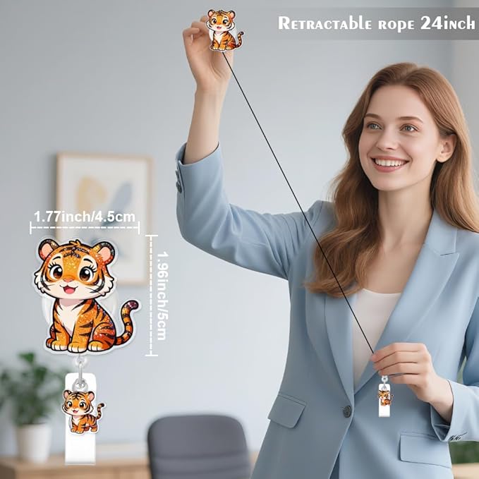 Cute Tiger Badge Reel for ID Card, Funny Animal Tiger Retractable Nurse Alligator Clip Badge Reel for Women, ID Name Tag Badge Holder for Office School Hospital Nurses Doctors Teachers
