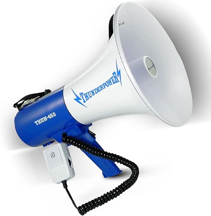 ThunderPower THUN450 Extra-Loud Megaphone Speaker – 35W Voice Amplifier for 1,400-Yard Range – Bullhorn Megaphone with Voice, Siren & Whistle Mode – Bull Horn Loud Speaker with Mic & Shoulder Strap