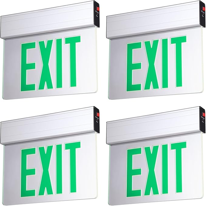 LEONLITE LED Edge-Lit Exit Sign, Aluminum Housing Emergency Exit Light with Battery Backup, UL Listed, Double-Sided Acrylic Panel, 120/277V, Multiple Mounting for Commercial Use, Green, Pack of 4