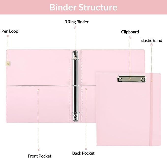 SKYDUE 3 Ring Binder with Clipboard,1 Inch Binder, 13.2" × 10.2" PU Clipboard Binder with Notepad & 5 Dividers with 5 Pockets, Labels, Clipboard Folder Great for School Office(Fit Letter Sized Paper)