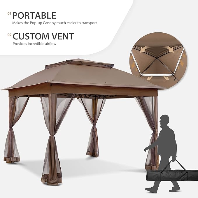 COOS BAY 11x11 Pop-Up Instant Gazebo Tent with Mosquito Netting Outdoor Canopy Shelter with 121 Square Feet of Shade (Brown)