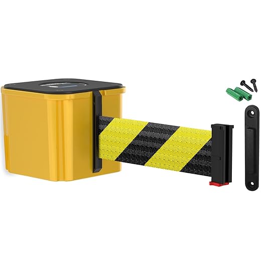 WM412 Retractable Belt Wall Mounted Yellow Crowd Control Barrier and Receiving End, 30' Black/Yellow Diagonal Belt