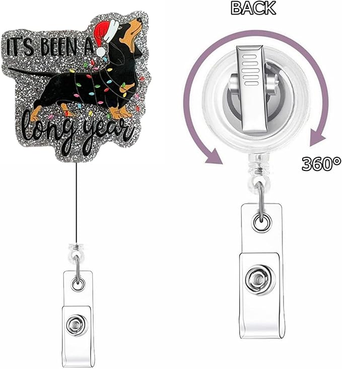 Christmas Badge Reel Cute Black Dog Badge Holder Retractable ID Card Alligator Clip Christmas Dachshund Badge Reels Light Strings Puppy Acrylic Glitter Animals Nurse Name Tag for Medical Assistants