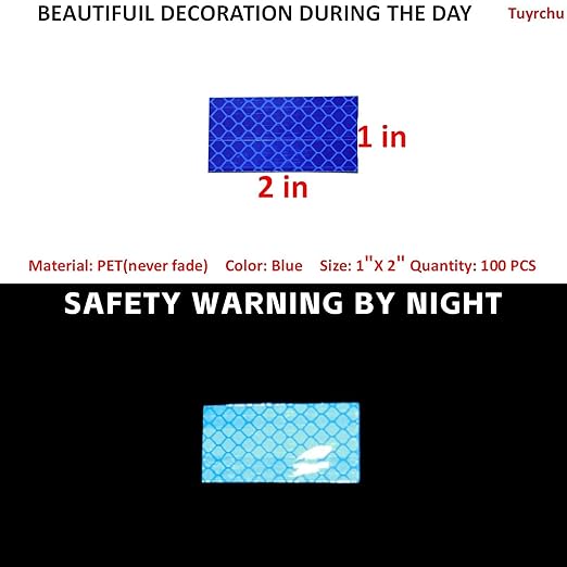 Non Fading Blue Reflective Stickers 1 inch X 2 inch, Outdoor Waterproof High Visibility Warning Safety Adhesive Reflector Tape (100 Pcs)