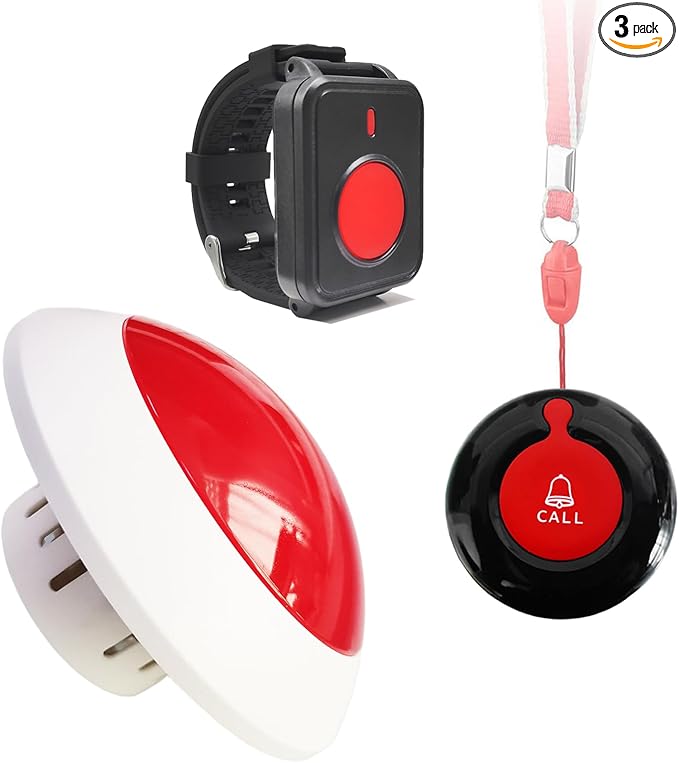 Wireless Call Strobe Light System for Elderly Wrist SOS to Caregiver Pager Life Alert Systems for Seniors Patients at Home Hospitals Nurse with 1 Call Light Waterproof Watch and Lanyard Panic Button