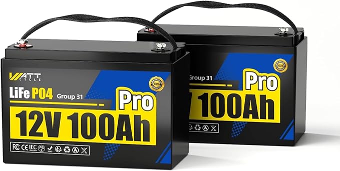 Wattcycle 12V 100Ah Lithium Battery 2 Pack, LiFePO4 Battery 12V 110A BMS, Lithium RV Batteries 15000+ Deep Cycles, Built-in Bluetooth, Monitor, Mobile APP, Perfect for Home Energy, RV, Marine, Solar