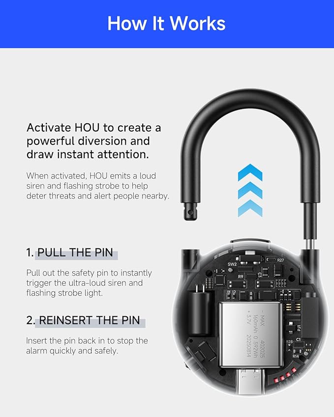 HOU Personal Safety Alarm for Women – 130dB USB-C Rechargeable Personal Alarm with 4 LED Light Modes & Long Battery Life – Self Defense Keychain Gift for Women, College Girls & Seniors, White