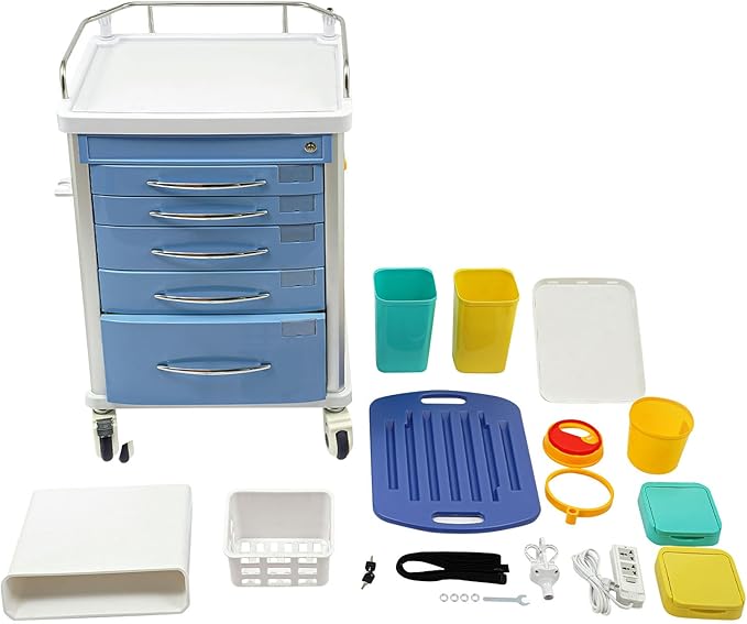 Rolling Crash Cart with Drawers & Adjustable IV Pole, Silent Casters, Needle Disposal Holder, Trash Bin, O2 Holder, Utility Trolley Cart for Clinic, Hospital, Salon, Lab, Load 176 Lbs (Blue)