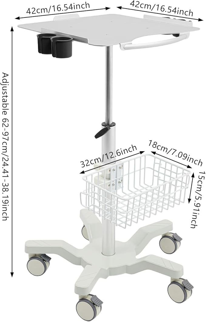 Medical Trolley Cart with Locking Wheels - Height Adjustable Mobile Workstation 24-38 inch,5 Casters Rolling Desktop Cart for Dental Clinic, Salon, Lab & Esthetician