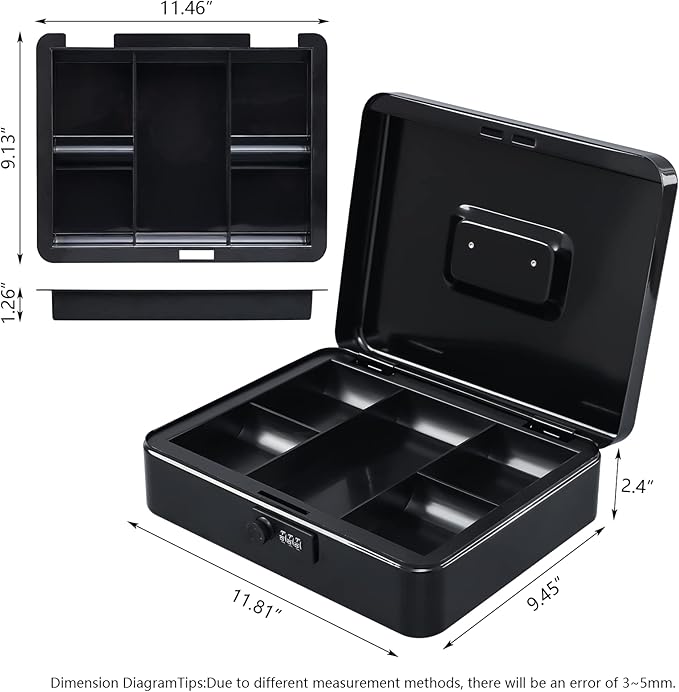 KYODOLED Metal Cash Box with Combination Lock Money Box for Cash Safe Metal Box with Money Tray for Security Lock Box 11.81"x 9.45"x 3.54" Black X Large