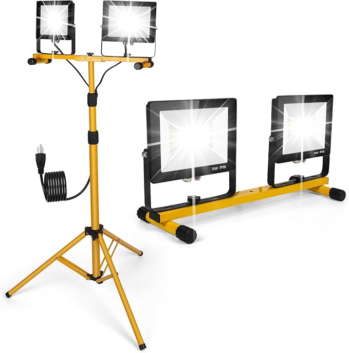 14000Lumens LED Work Lights with Stand, 2 Adjustable Work Lamp Head with Individual Switch, IP66 Waterproof Tripod Work Light for Outdoor Indoor Job Site Workshop Garage Construction Site