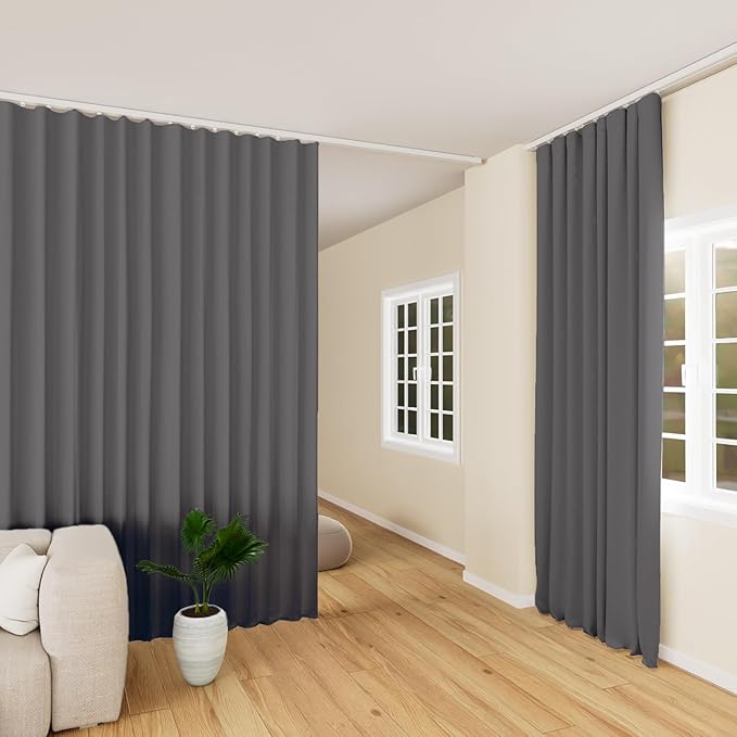 Room Divider Curtains Blackout Ceiling Track Curtain with Hook Wall Mount Sliding Door Curtains Ceiling Mount Extra Wide Curtain Wall Divider for Room Separation (Grey, W150 x H120 Inch)