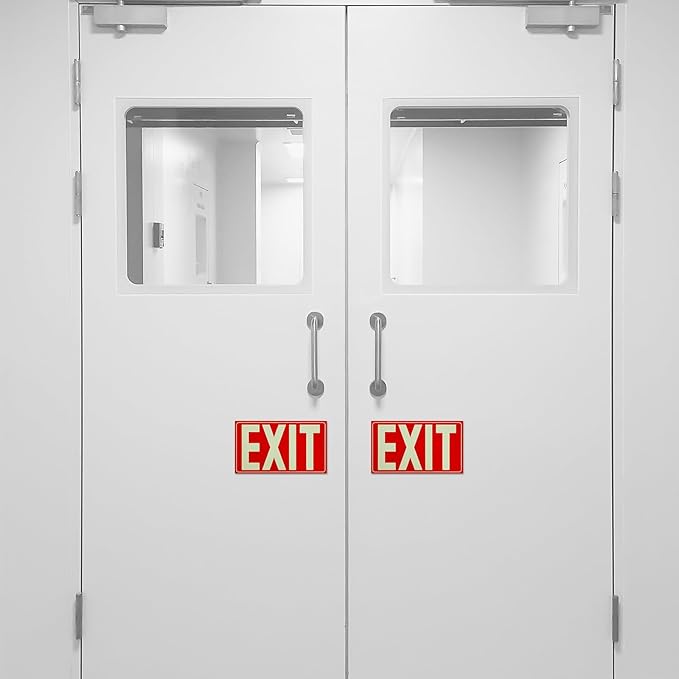 CEYAZYE 4Pcs Glow In The Dark Exit Sign Aluminum, 10"x7" Photoluminescent Emergency Adhesive Signs Sticker for Business Office School Warehouse Fire, Apply to Door, Wall, Window