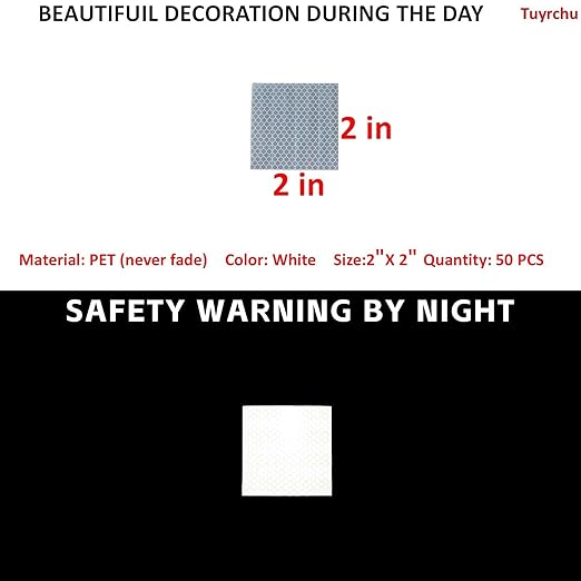 Non Fading White Reflective Stickers 2 inch X 2 inch, Outdoor Waterproof High Visibility Warning Safety Adhesive Reflector Tape (50 Pcs)
