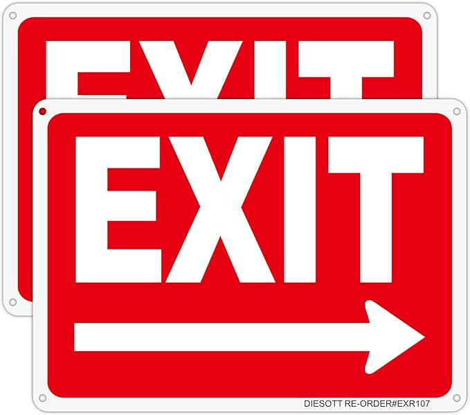 2 Pack Metal Exit Signs with Right Arrow, 10x7 Inches Rust Free 0.40 Aluminum Exit Sign, UV Protected, Durable, Weatherproof, Easy to Install, Indoor/Outdoor Use