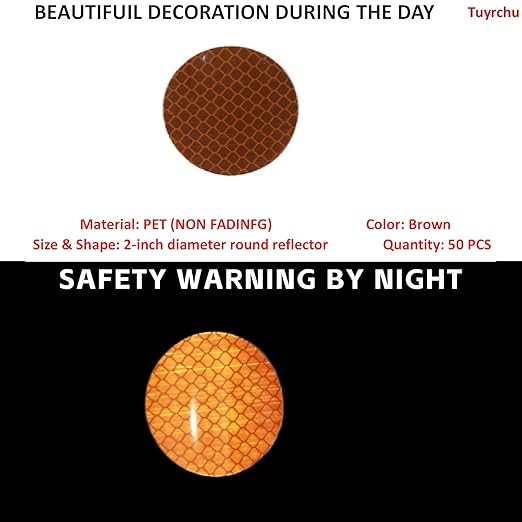 Non Fading Brown Reflective Stickers 2-inch Diameter Round Reflector, Outdoor Waterproof High Visibility Warning Adhesive Tape (50 Pcs)