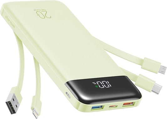 charmast 20000mAh Portable Charger with Built in Cables, 22.5W Travel Power Bank Fast Charging, USB C Cell Phone Battery Pack for iPhone 16/15/14/13/12/11 Series, iPad, Samsung, Android, Tablet