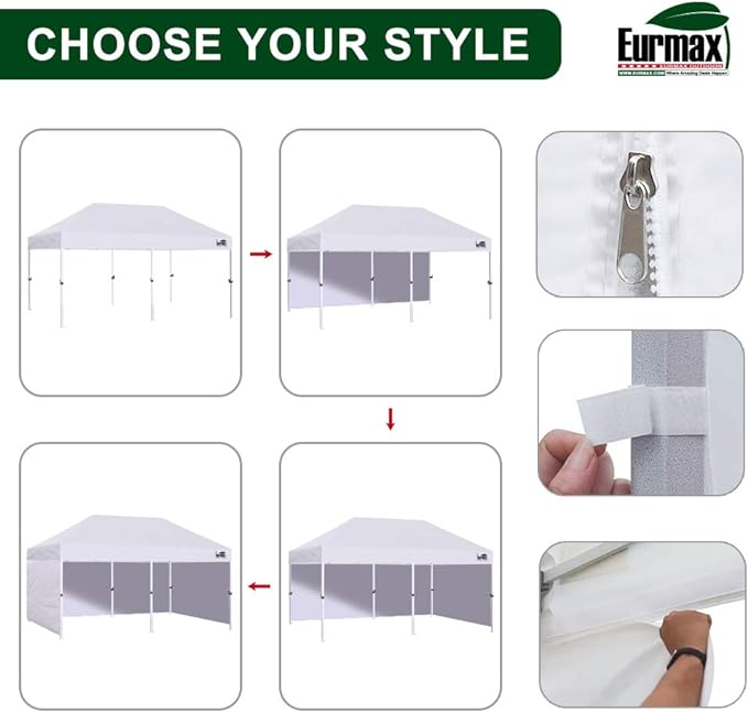 Eurmax USA 10'x20' Pop-up Canopy Tent Commercial Instant Canopies with 4 Removable Zipper End Side Walls and Roller Bag, Bonus 6 SandBags(White)