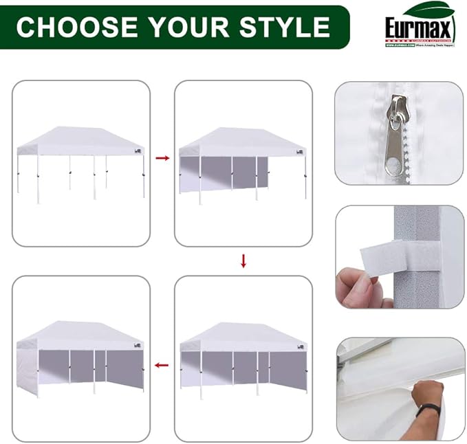 Eurmax USA 10'x20' Pop-up Canopy Tent Commercial Instant Canopies with 4 Removable Zipper End Side Walls and Roller Bag, Bonus 6 SandBags(Kelly Green)