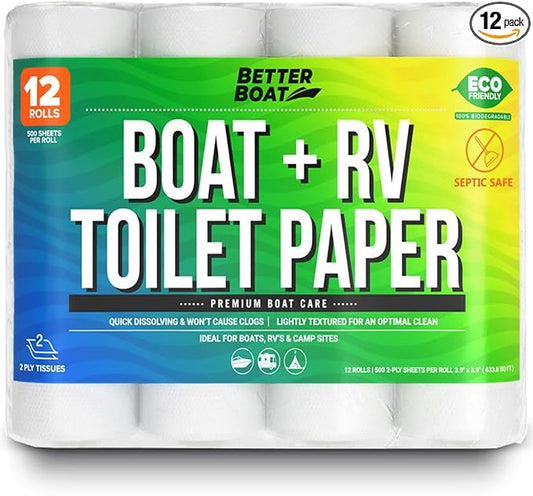 Boat and RV Toilet Paper, Septic Safe Quick Dissolving Tissue, 12 Single Rolls, Biodegradable 2-Ply for Marine, Travel, and Camper Systems, Camping Tank-Safe Bulk Pack