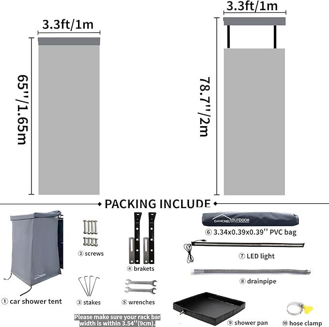 DANCHEL OUTDOOR Car Awning Shower Tent Room with Portable Shower Pan, Camping Privacy Shelter Enclosure Overland Portable Changing Room w/LED Light 3.3ft x 3.3ft Gray
