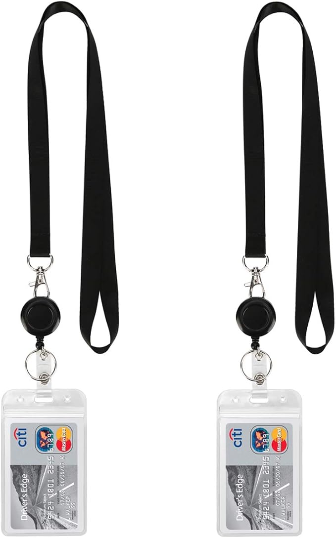 YOUOWO Lanyard Black Retractable Badge Reel with Badge Reel Clip for id Card Badges Holders Vertical Punched Zipper Waterproof 2 Pack
