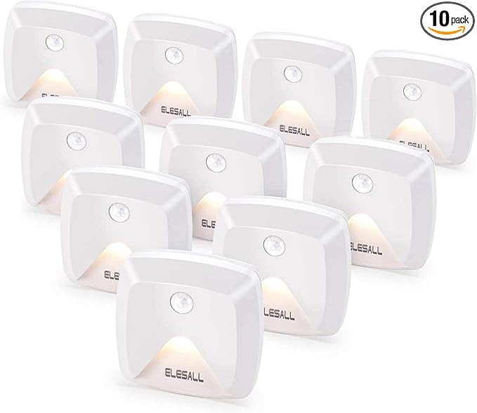 10-Pack Stick-on Motion Sensor Lights, Warm White LED Night Light, Stick-Anywhere Stair Lights, Closet Light, Battery Operated Wall Light for Kitchen, Hallway, Bedroom, Bathroom, Stairs