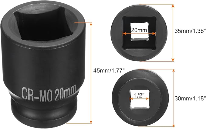 HARFINGTON 4 Point Square Socket 1/2" Drive 20mm Metric Square Impact Socket CR-MO Blackening Standard Wheel Sockets Pneumatic Socket Tool for Auto Repair Mechanical Maintenance Home Use