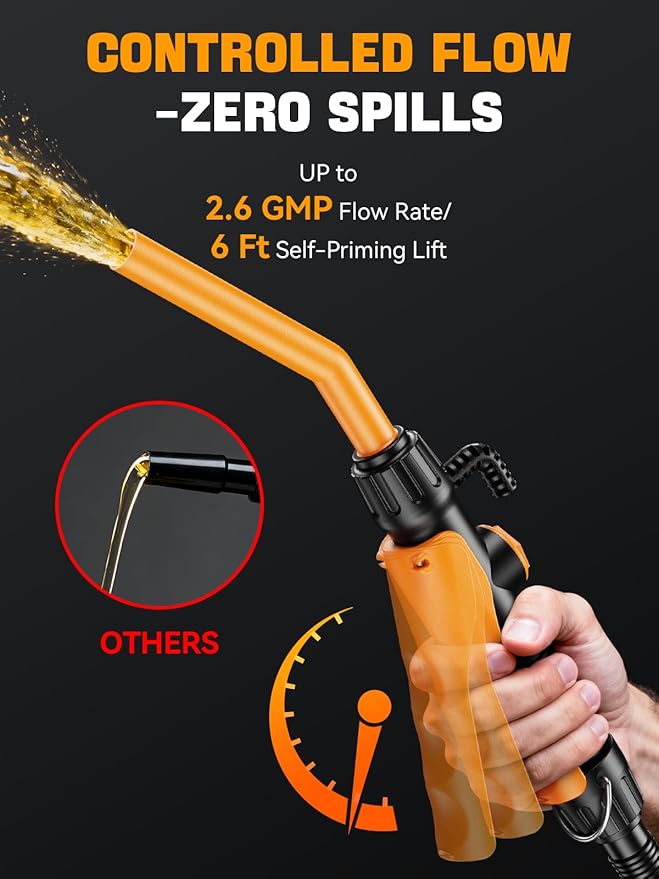 E1 Fuel Transfer Pump Battery Powered 2.6GMP Portable Siphon Pump with Controlled Flow & Leak-Proof 59-Inches Hose for Gasoline Gas Diesel Water