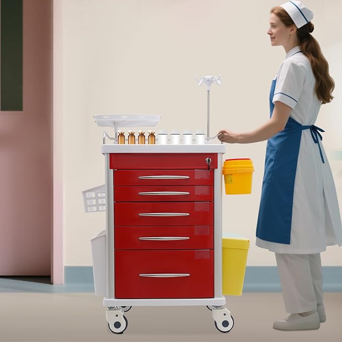 Rolling Crash Cart with Drawers & Adjustable IV Pole, Silent Casters, Needle Disposal Holder, Trash Bin, O2 Holder, Utility Trolley Cart for Clinic, Hospital, Salon, Lab, Load 176 Lbs (Red)