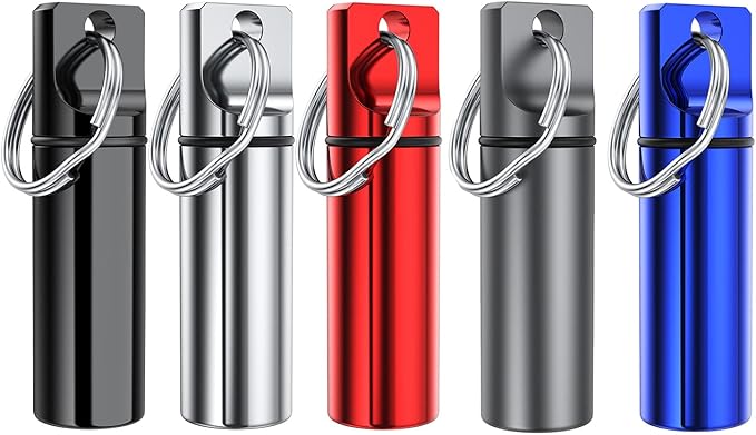 Small Portable Pill Box Keychain (5 Pack), Aluminium Alloy Mini Pill Organizer Case Container for Purse,Waterproof Metal Pill Holder Medicine Bottle for Outdoor Camping Travel