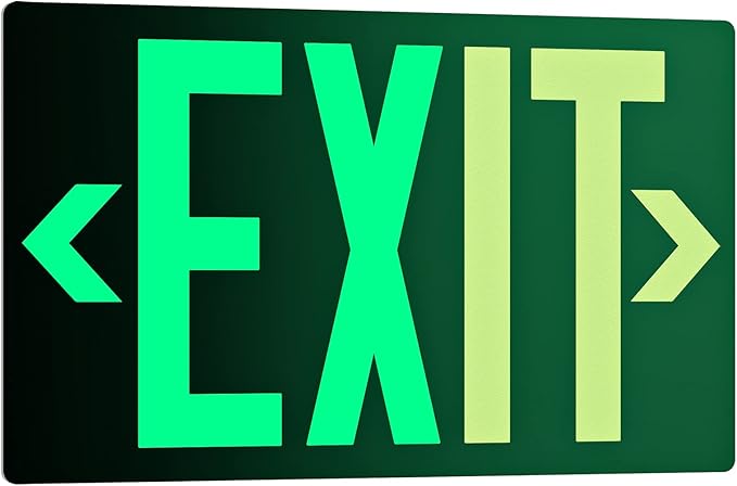 Photoluminescent Exit Sign Aluminum - Adhesive Backing Glow In The Dark - Removable Arrows Included - 12x7 Inches - Non Electrical Green Exit Light For 50 Feet Visibility (1 Pack)