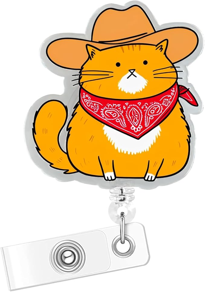 Funny Cat Badge Reel, Retractable Id Badge Holder with Alligator Clip, Name Tag Holder for Nurse Office Worker, Funny Design (Cowboy Cat)