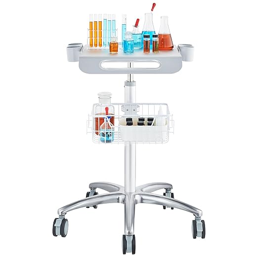 VEVOR Medical Mobile Trolley With Wheels 29.5"-41.3" Height Adjustable Stainless Steel Dental Cart Rolling Desktop Lab With 16.5" 15.7" Large Tabletop