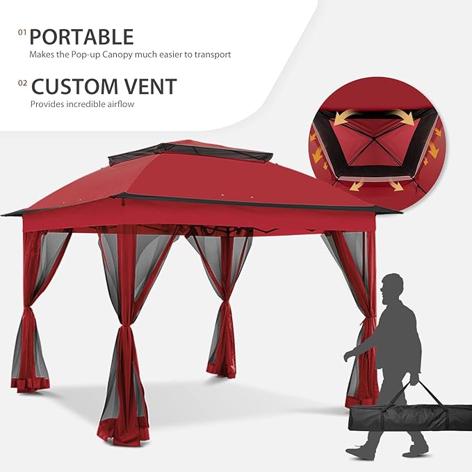 COOS BAY 11x11 Pop-Up Instant Gazebo Tent with Mosquito Netting Outdoor Canopy Shelter with 121 Square Feet of Shade (Red)
