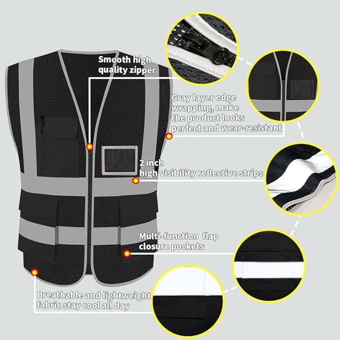 HYCOPROT High Visibility Mesh Safety Reflective Vest with Pockets and Zipper, Meets ANSI/ISEA Standards