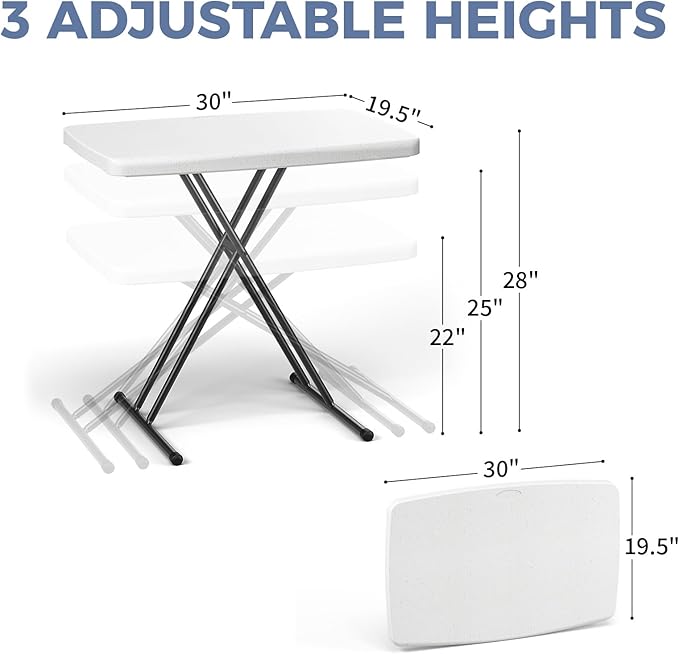 Folding Table, 30 Inch Adjustable Height Foldable Picnic Table, Portable TV Tray & Laptop Desk for Small Spaces, Dorms, Patio, Camping, BBQs, RV Travel, or Crafting, Easy to Fold and Store