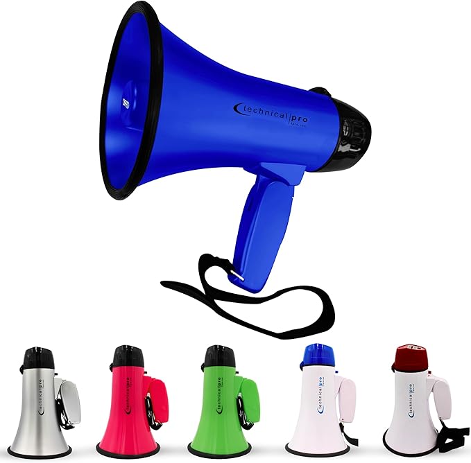 Technical Pro 20 Watts Lightweight Portable 300M Range Megaphone Bullhorn with Strap, Siren, and Volume Control, Good for Trainers, Soccer, Football, Baseball, Coaches