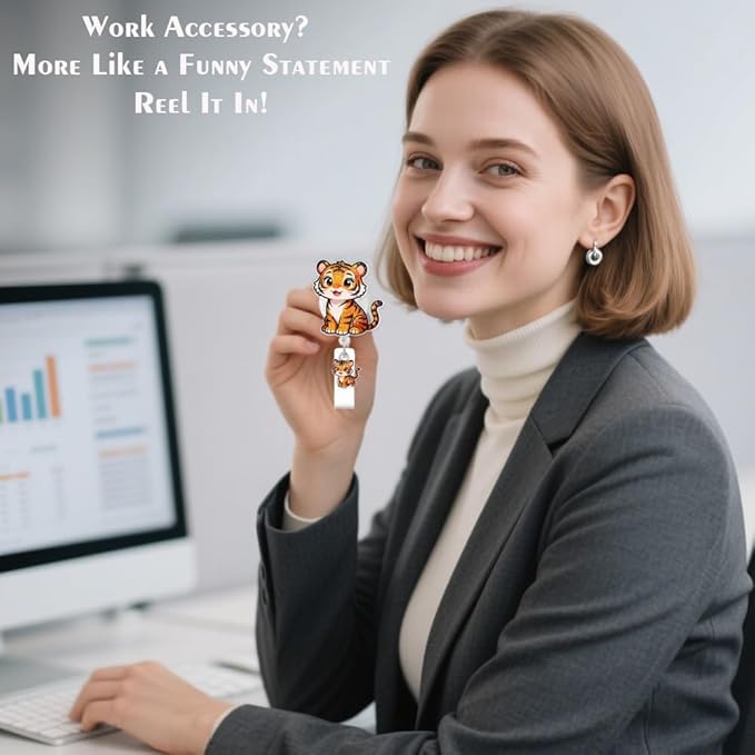 Cute Tiger Badge Reel for ID Card, Funny Animal Tiger Retractable Nurse Alligator Clip Badge Reel for Women, ID Name Tag Badge Holder for Office School Hospital Nurses Doctors Teachers