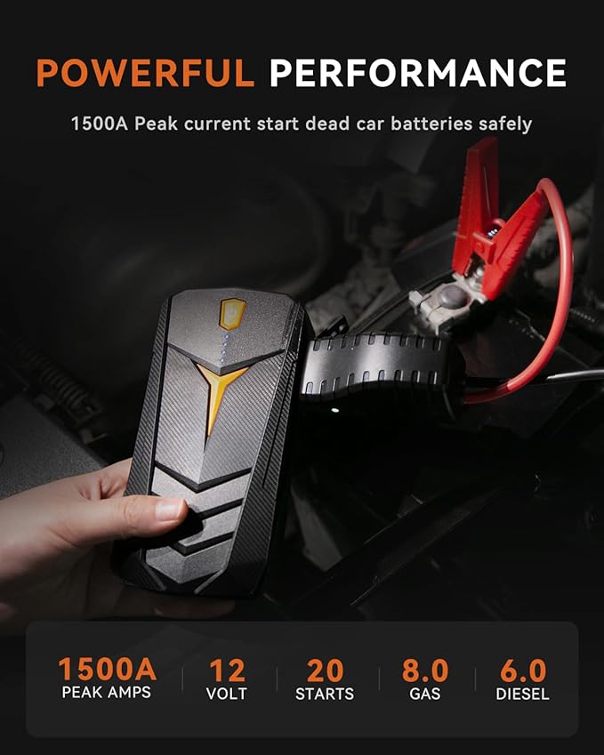 Jump Starter, SUNPOW 1500A Peak Car Starter for Up to 8L Gas or 6.0L Diesel Engine, 12V Auto Lithium Battery Booster for Cars, Trucks, SUV, Portable Power Pack Jump Box with LED Light