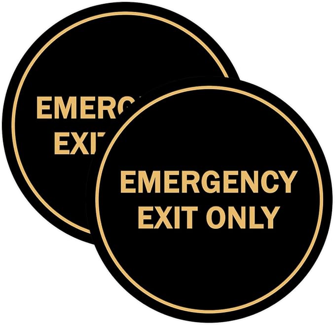 Signs ByLITA Circle Emergency Exit Only Sign (Black Gold) - Large 2 Pack