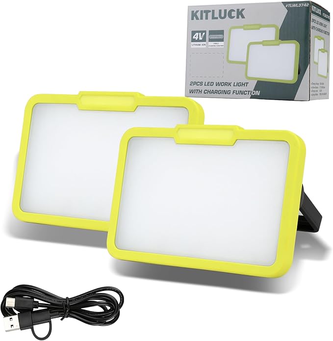 KITLUCK LED Work Light, Rechargeable, 700 LM Magnetic Portable Flood Light with Adjustable Stand, IP54 Waterproof, 3 Lighting Modes with Emergency SOS, for Camping, Car Repair，2Pack