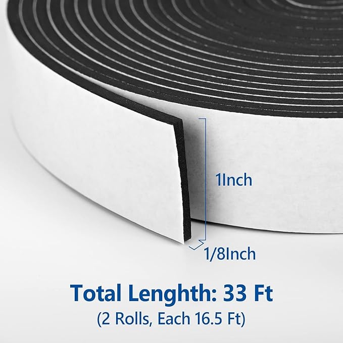 Kikerike Self Adhesive Foam Tape Weatherstrip 1In x 1/8In x 33Ft High Density Foam Insulation Strips Seal Weather Stripping with Strong Adhesive for Door and Window Sound Isolation Soundproofing